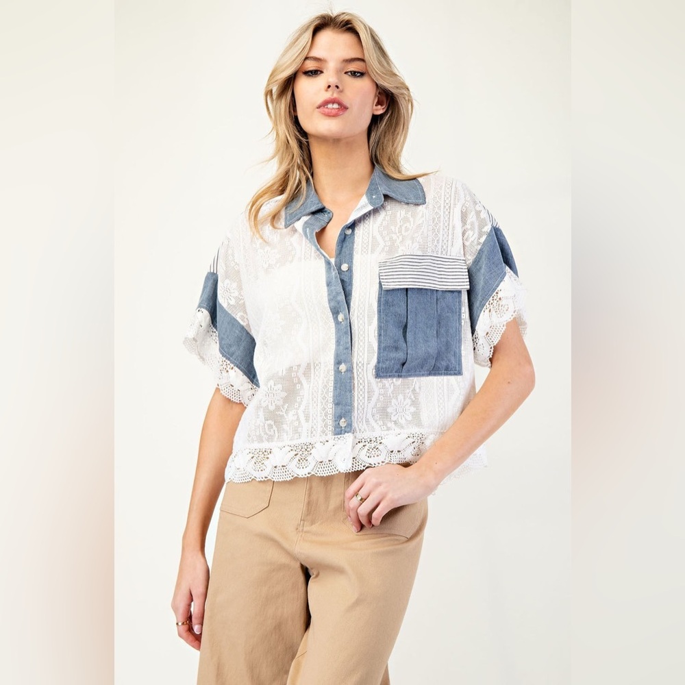 Lace and Denim Colorblock Button Down Blouse - eesome - Picture 7 of 7